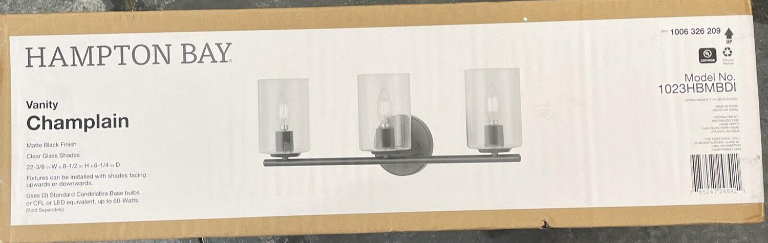 Hampton Bay 1023HBMBDI Champlain 3-Light Matte Black Bathroom Vanity Light