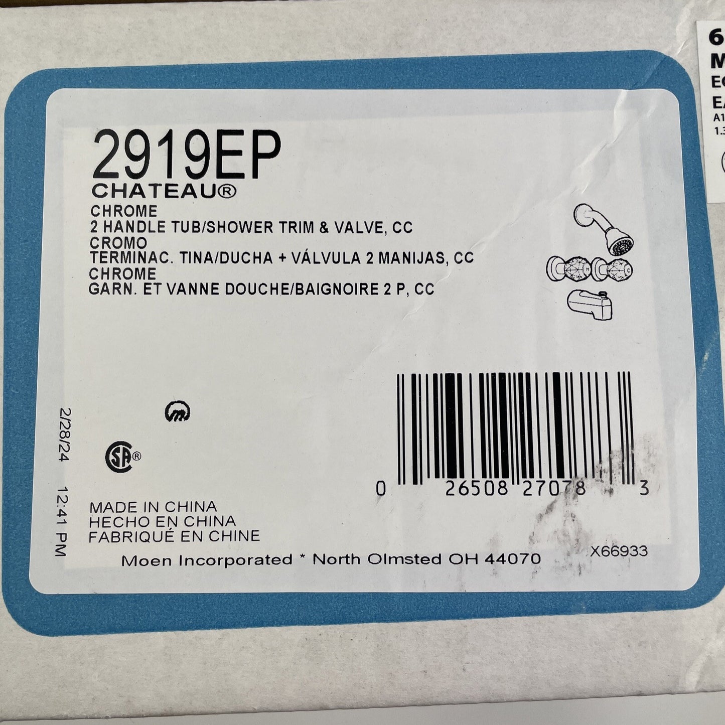 New Moen 2919EP Chateau Tub/ Shower Trim & Valve Package - Chrome