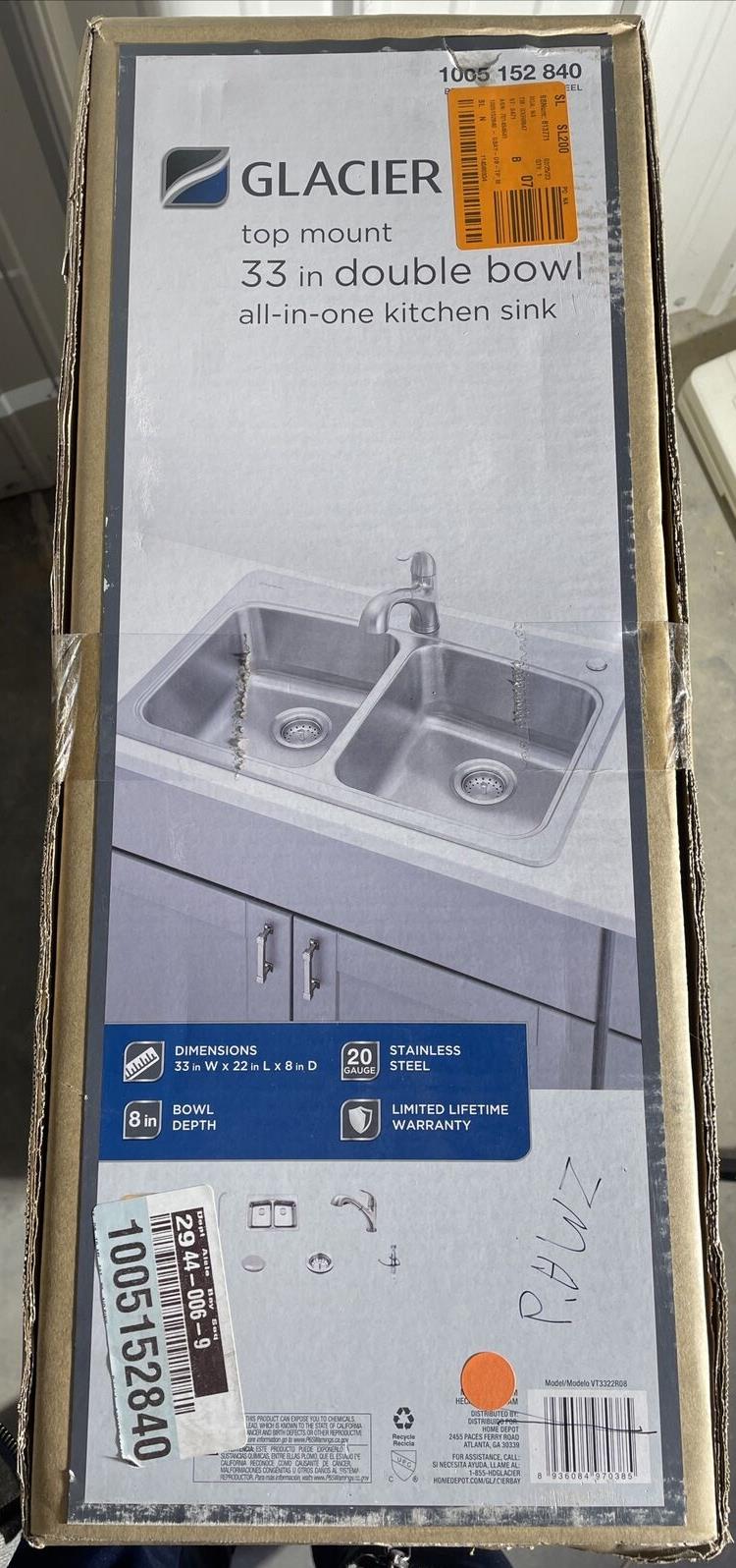 Glacier Bay AIO 33 in. Drop-in Double Bowl 20 Gauge Stainless Steel Kitchen Sink