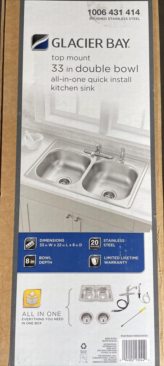 Glacier Bay 33" Drop-In Kitchen Sink 2-Bowl Rectangular Stainless Steel w/Faucet
