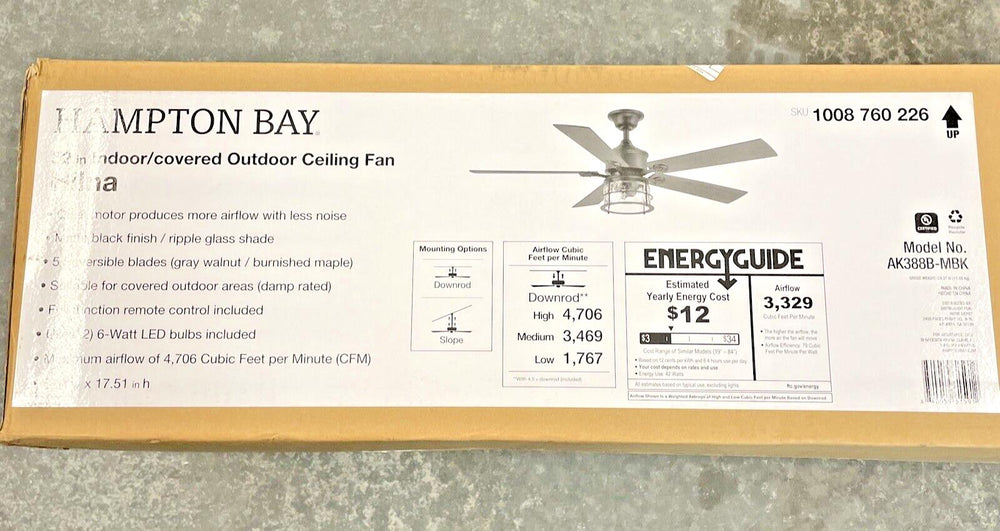 Hampton Bay Hilna 52 in. Indoor/Outdoor Black Ceiling Fan Light and Remote