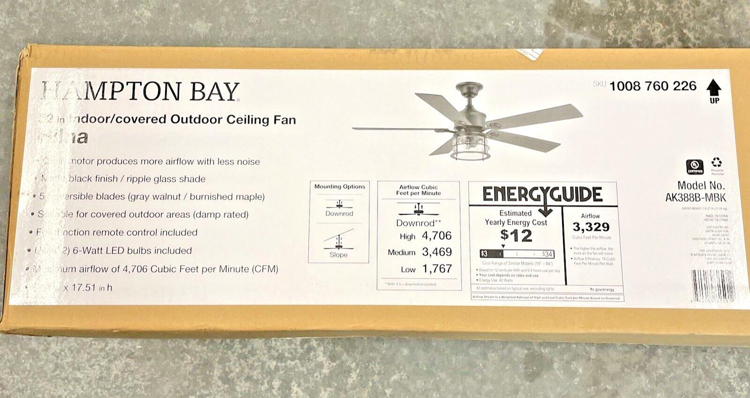 Hampton Bay Hilna 52 in. Indoor/Outdoor Black Ceiling Fan Light and Remote