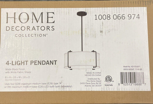Home Decorators Brookley 4-Light Matte Black Pendant with White Fabric Shade