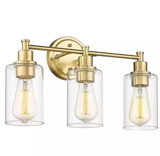 JAZAVA 17.25 in. 3-Light Champagne Bronze Vanity Light with Clear Glass Shade