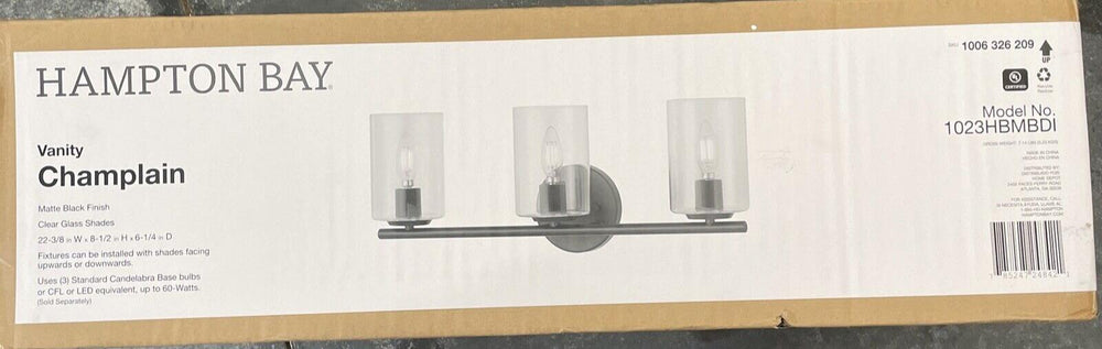 Hampton Bay 1023HBMBDI Champlain 3-Light Matte Black Bathroom Vanity Light
