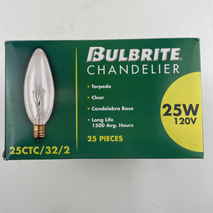 25 Bulbrite 490025 Chandelier 120V 25W B10 Candelabra Clear Torpedo Dimmable